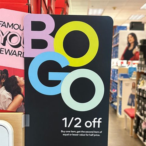 bogo sale sign in shoe store