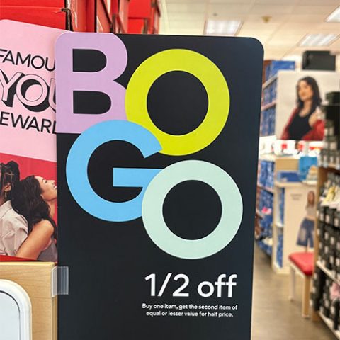 bogo sale sign in shoe store